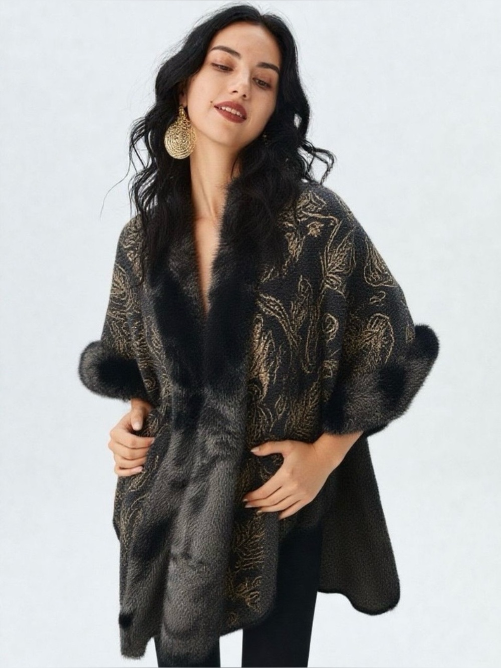 Carla Ferroni Italian Faux-Fur Trimmed Black & Tan Paisley Floral Wrap Cape